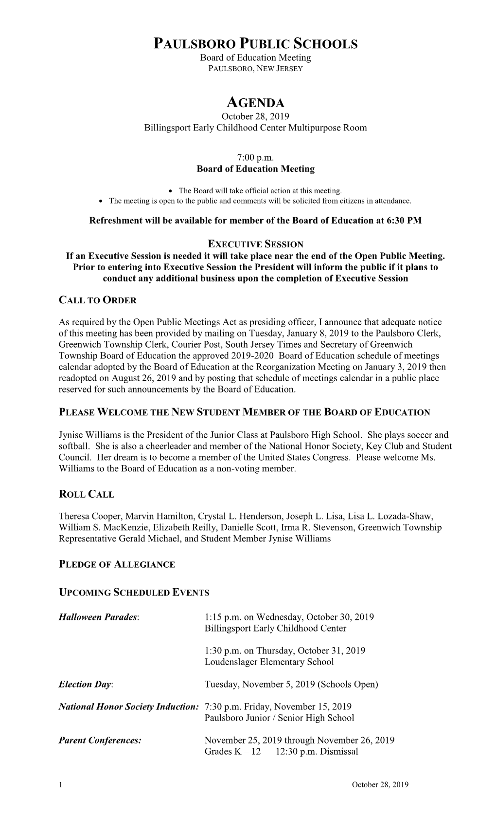 PAULSBORO PUBLIC SCHOOLS Board of Education Meeting PAULSBORO, NEW JERSEY