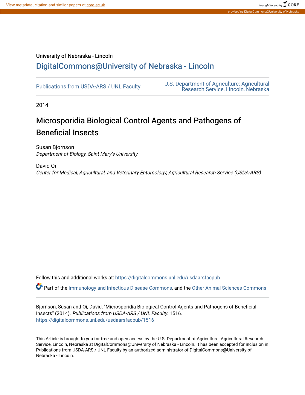 Microsporidia Biological Control Agents and Pathogens of Beneficial Insects