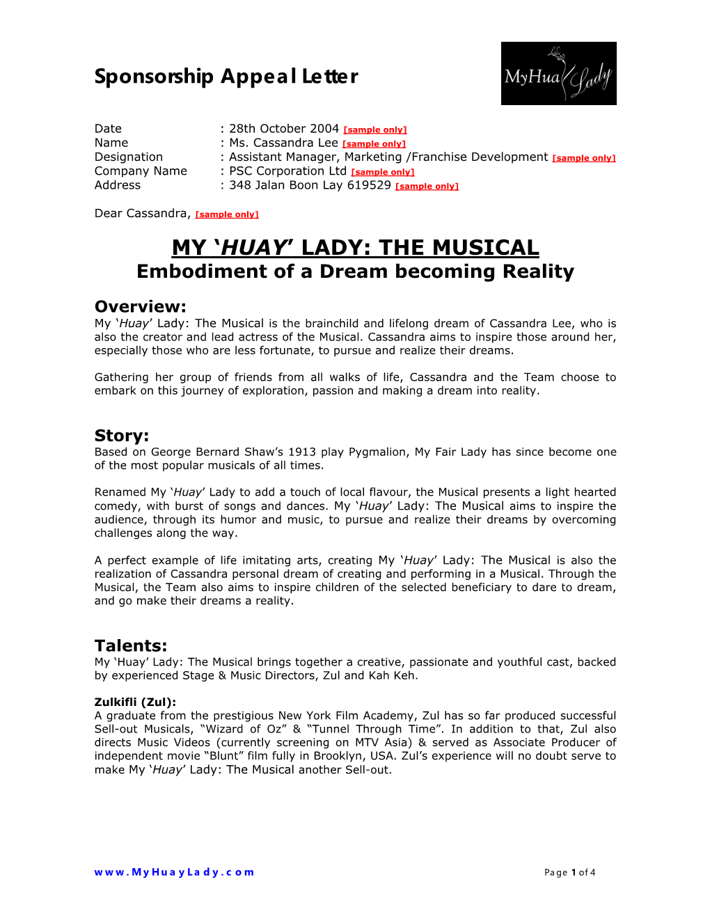 Sponsorship Appeal Letter MY 'HUAY' LADY: the MUSICAL