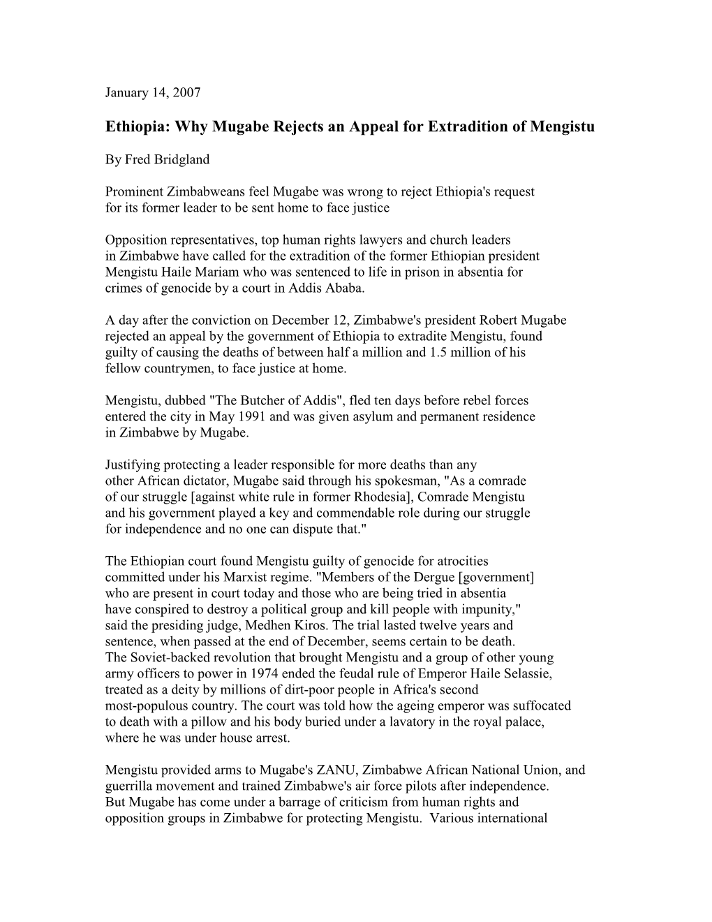 Ethiopia: Why Mugabe Rejects an Appeal for Extradition of Mengistu