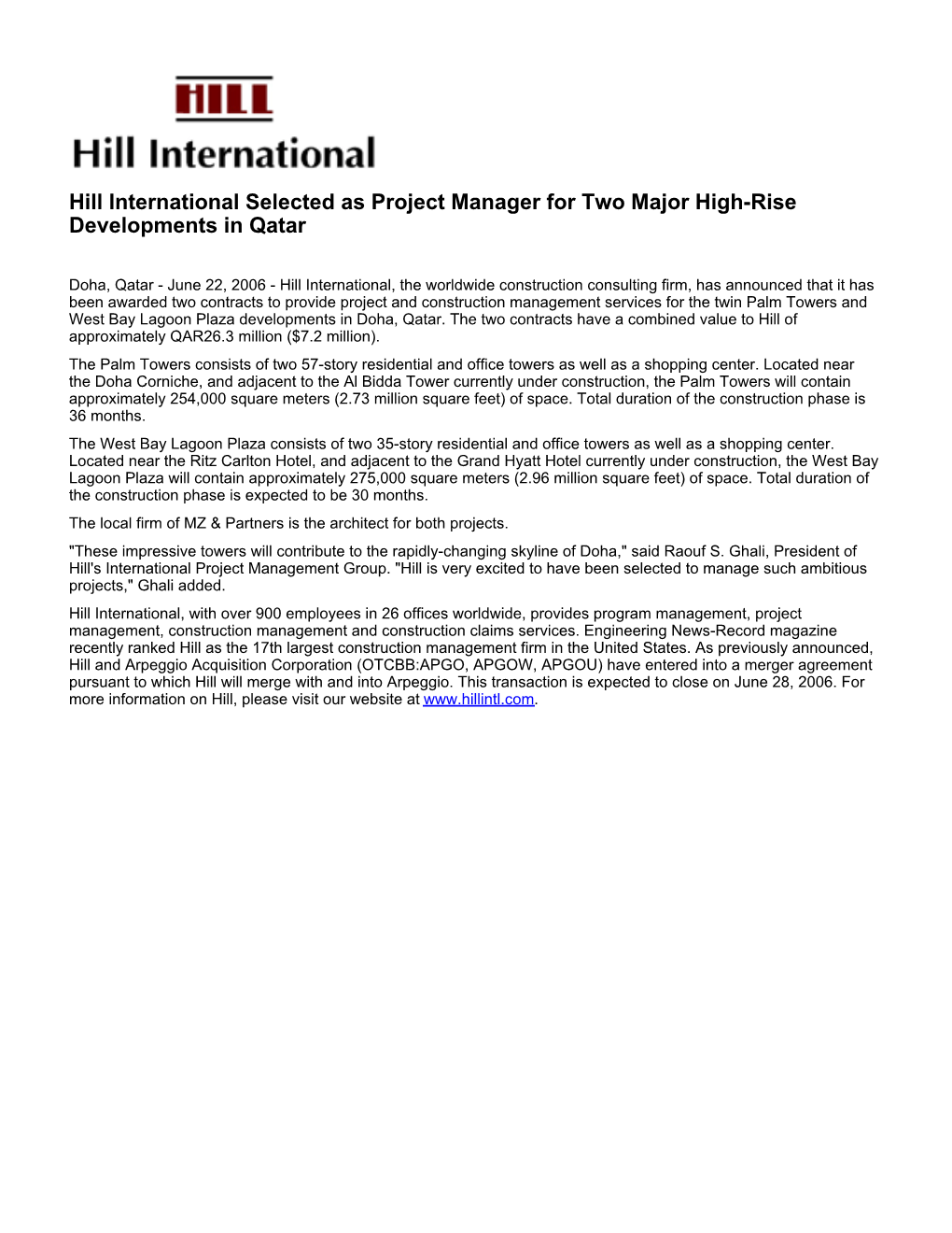 Hill International Selected As Project Manager for Two Major High-Rise Developments in Qatar