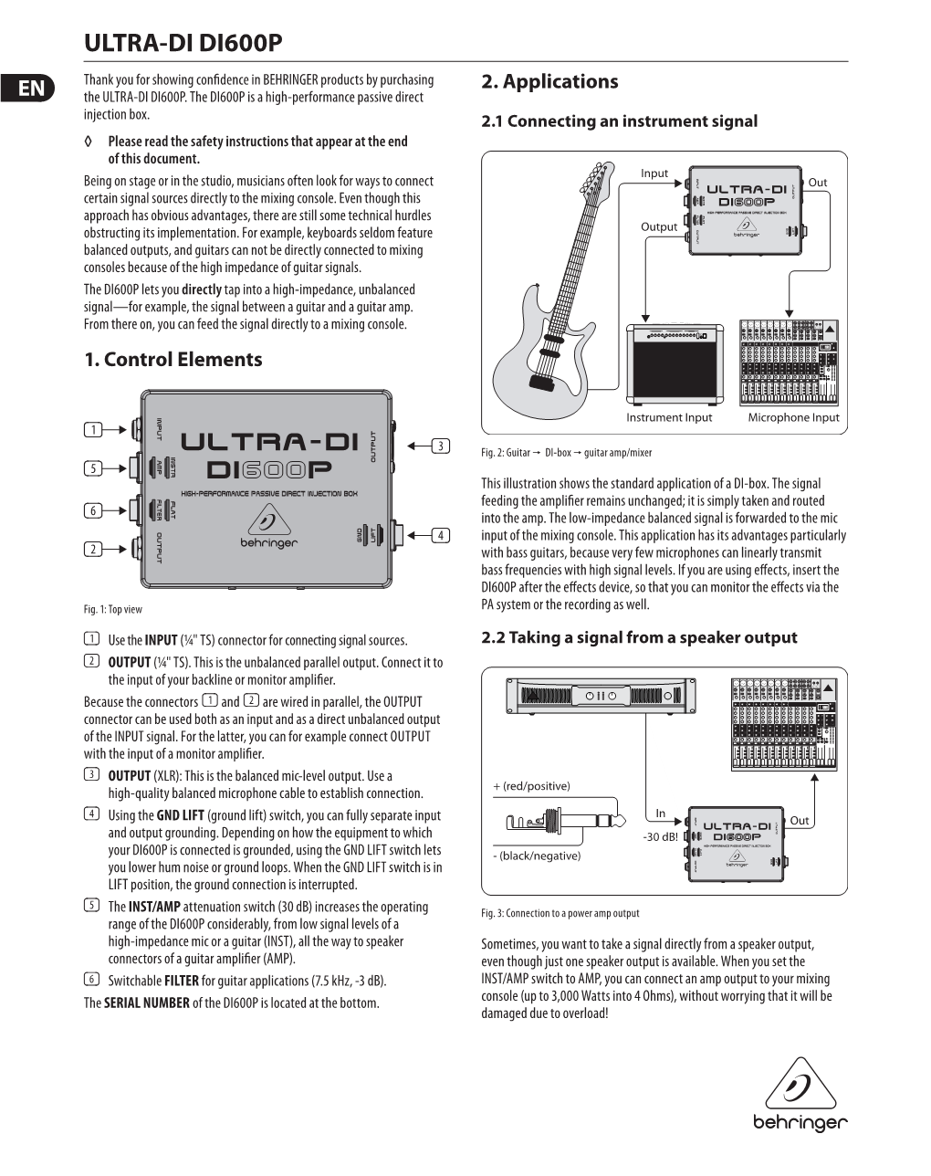 ULTRA-DI DI600P Thank You for Showing Confidence in BEHRINGER Products by Purchasing 2