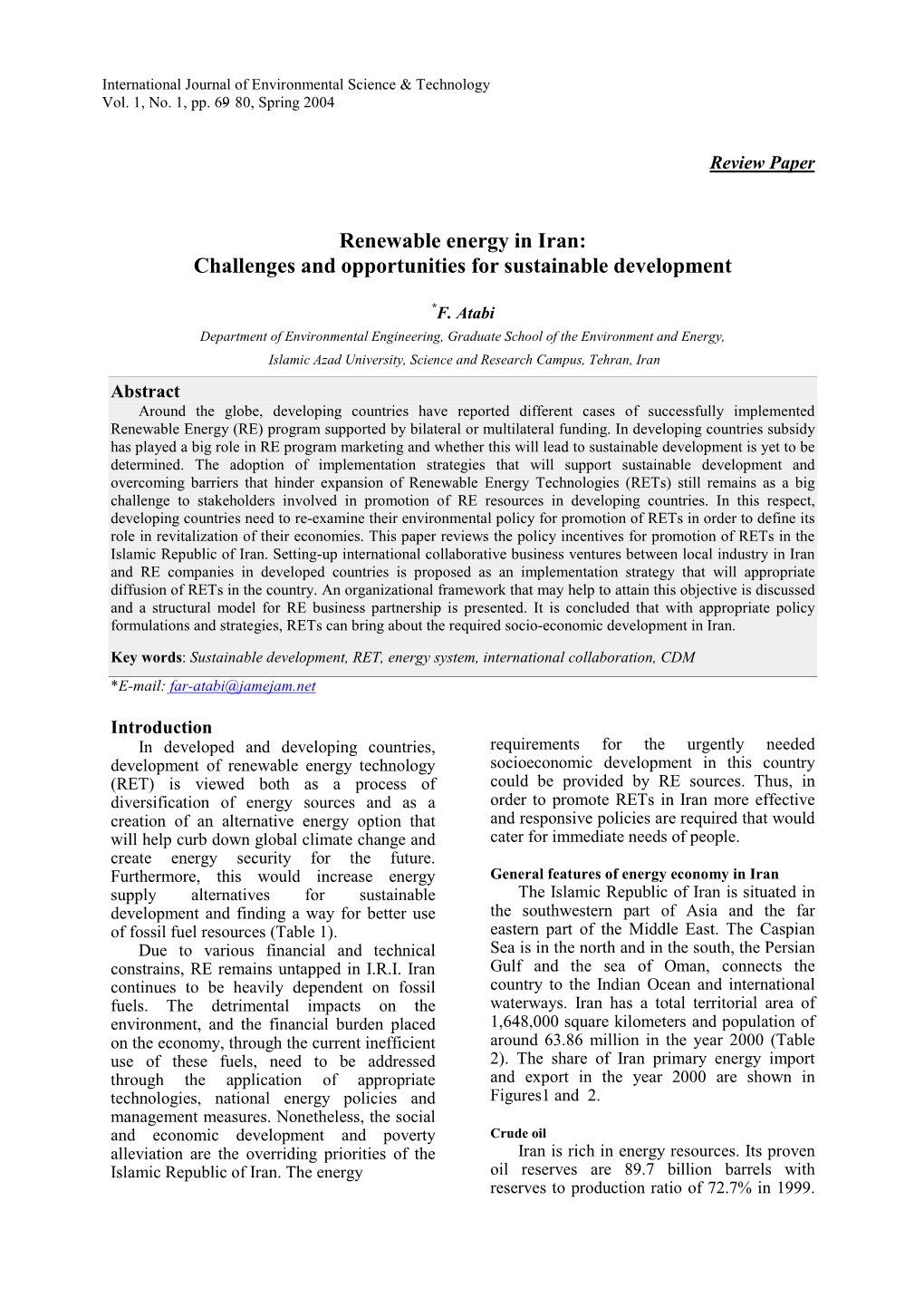 Renewable Energy in Iran: Challenges and Opportunities for Sustainable Development