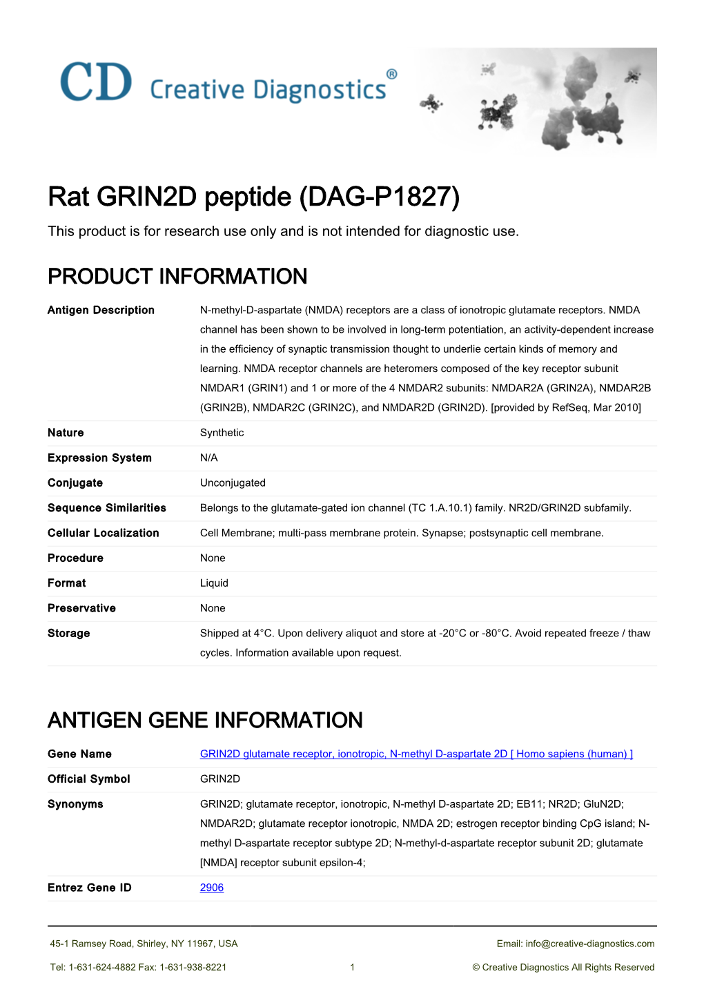 Rat GRIN2D Peptide (DAG-P1827) This Product Is for Research Use Only and Is Not Intended for Diagnostic Use