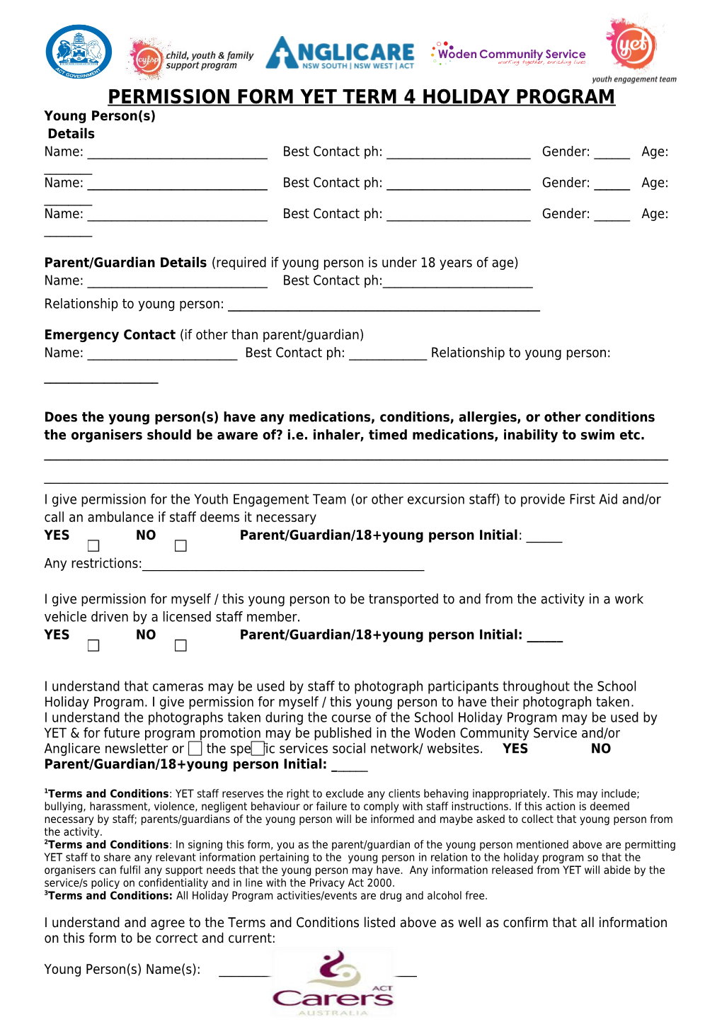 Permission Form Yet Term 4 Holiday Program