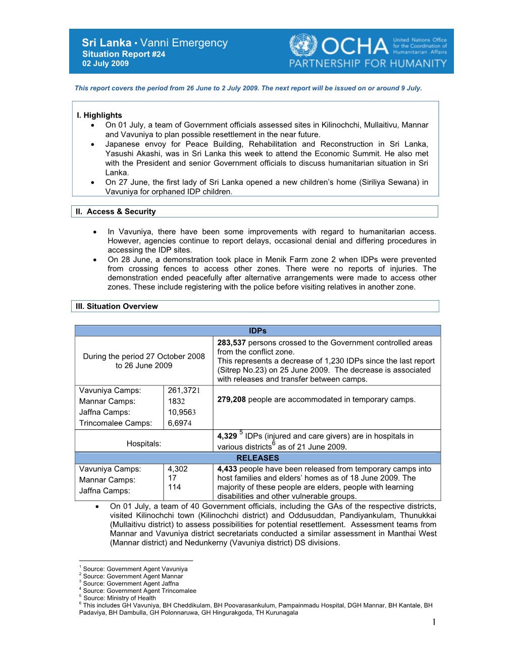 Sri Lanka • Vanni Emergency Situation Report #24 02 July 2009