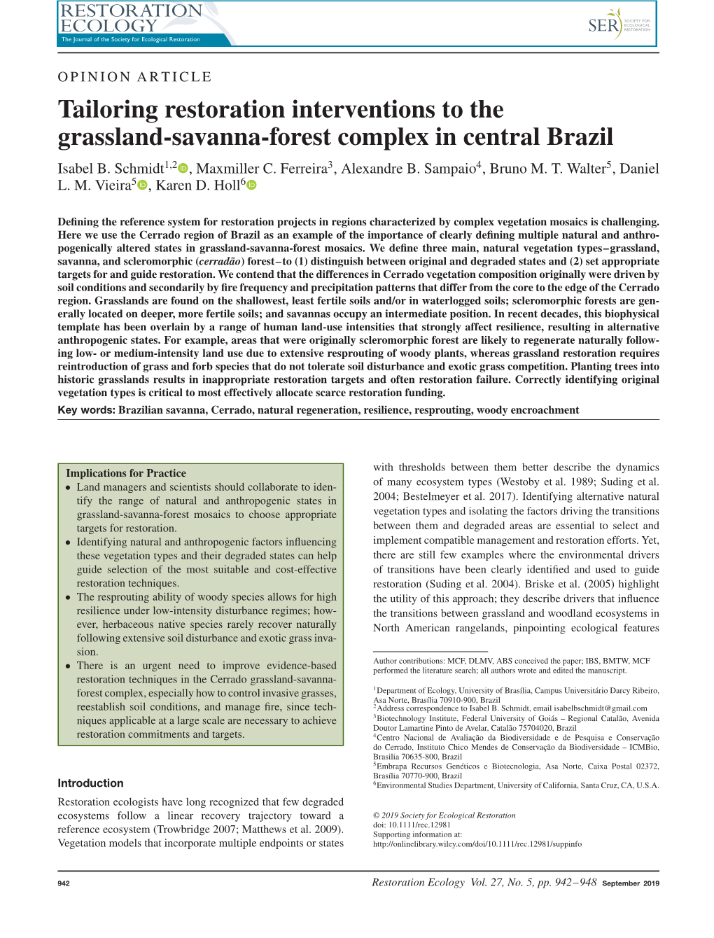 Tailoring Restoration Interventions to the Grassland-Savanna-Forest Complex in Central Brazil Isabel B