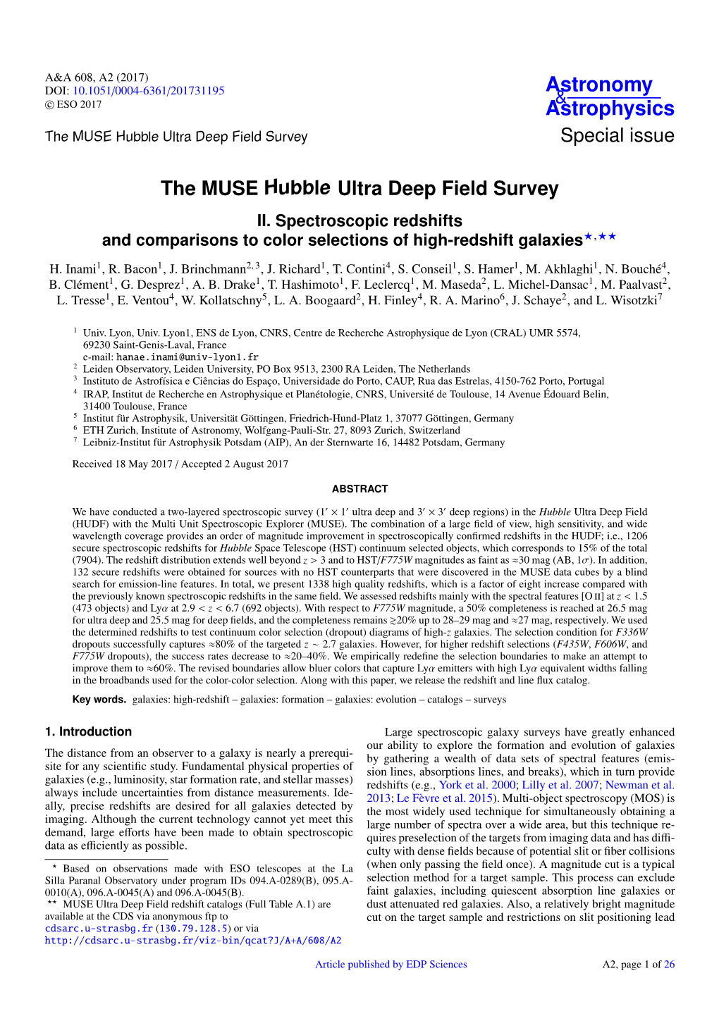 The MUSE Hubble Ultra Deep Field Survey Special Issue