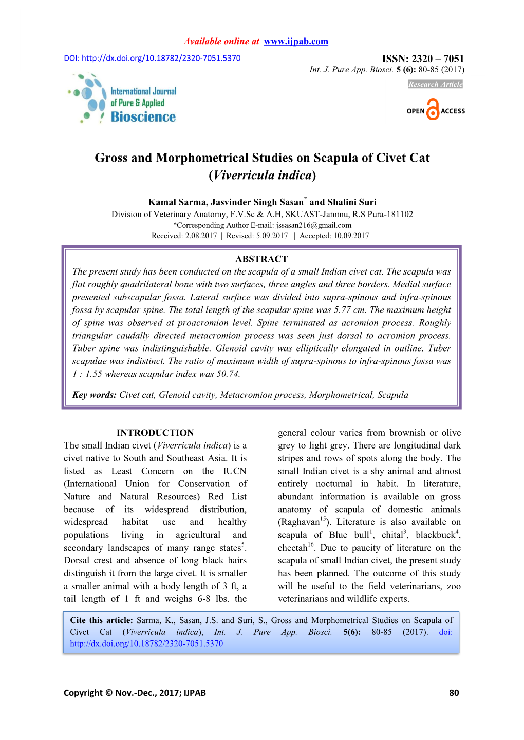 Gross and Morphometrical Studies on Scapula of Civet Cat (Viverricula Indica)