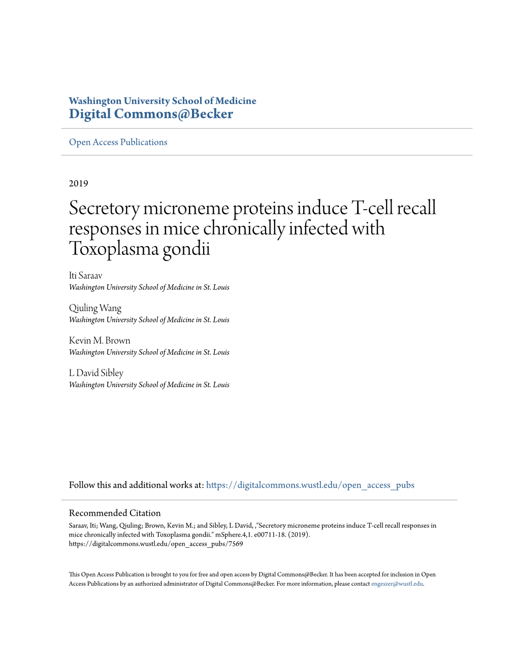 Secretory Microneme Proteins Induce T-Cell Recall Responses in Mice