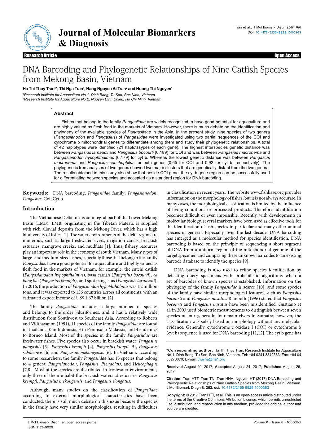 DNA Barcoding and Phylogenetic Relationships of Nine Catfish