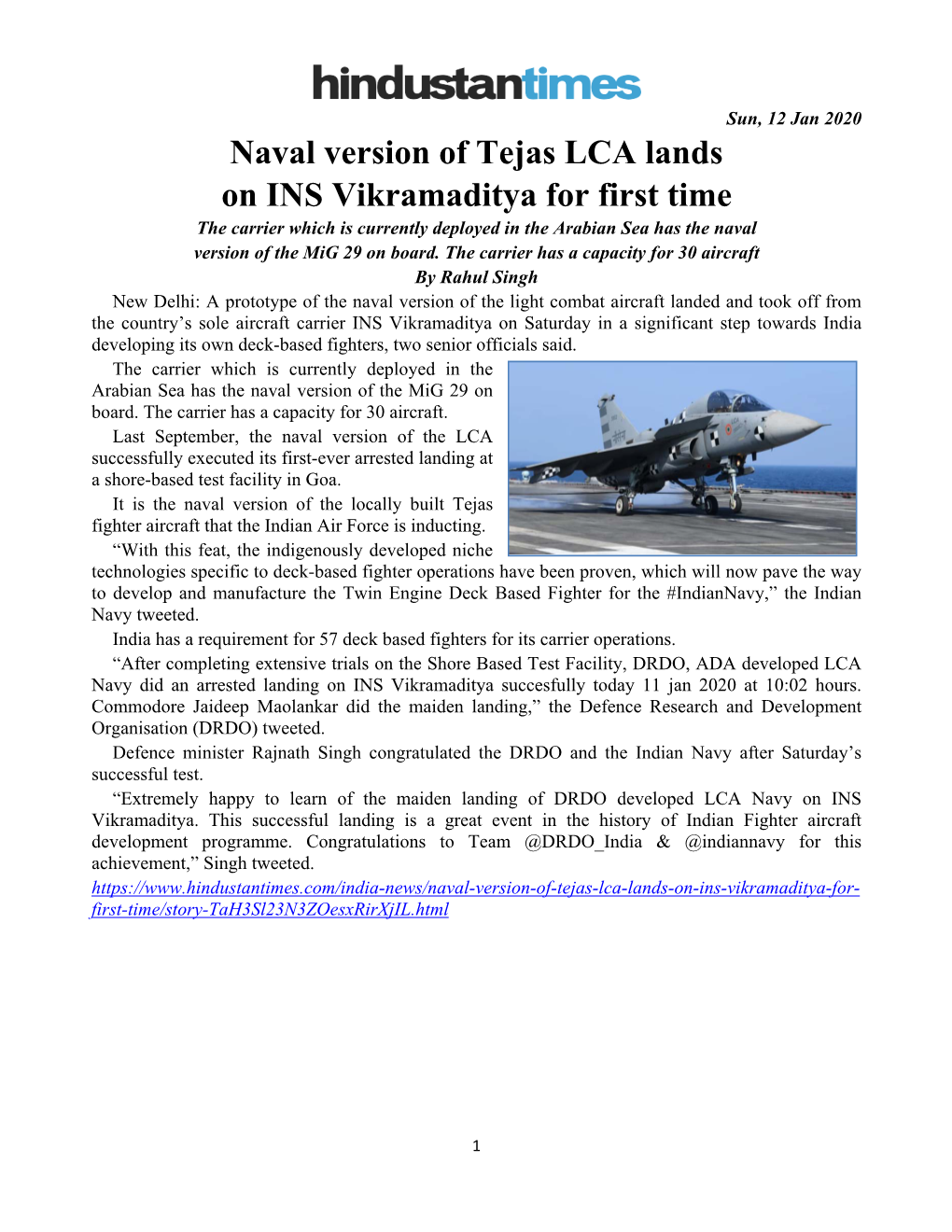Naval Version of Tejas LCA Lands on INS Vikramaditya for First Time