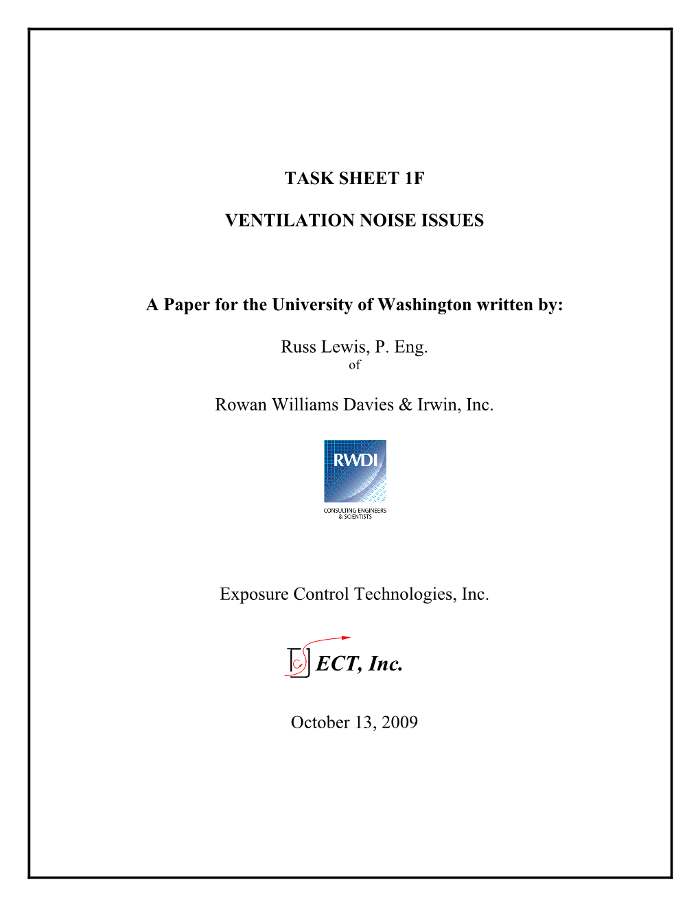 TASK SHEET 1F VENTILATION NOISE ISSUES a Paper for the University of Washington Written By