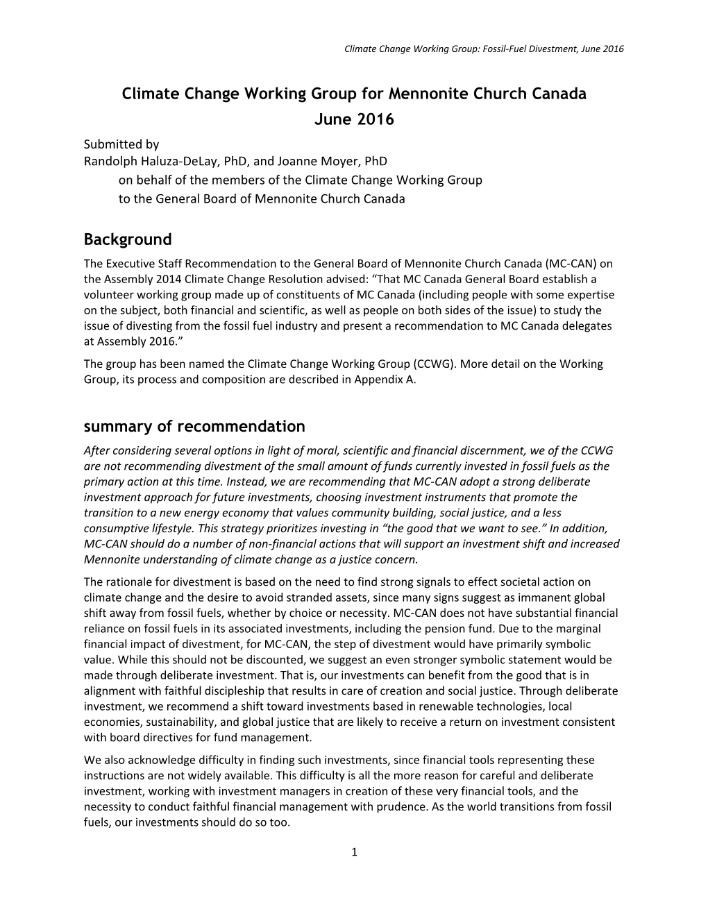 Climate Change Working Group for Mennonite Church Canada