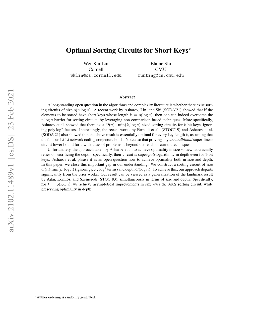 Optimal Sorting Circuits for Short Keys*