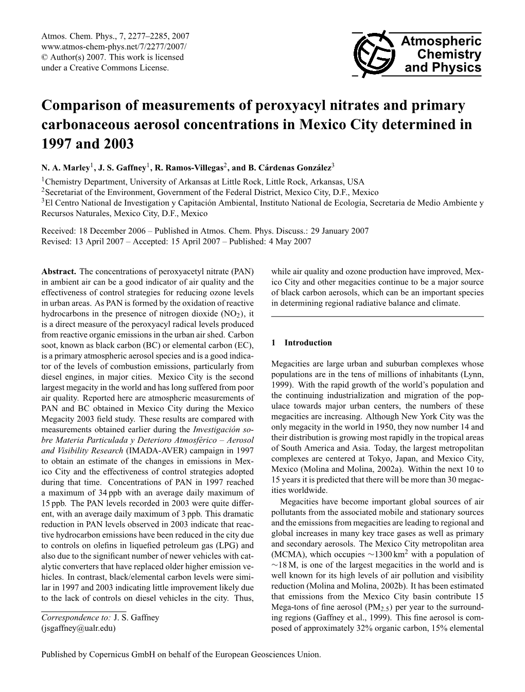 Comparison of Measurements of Peroxyacyl Nitrates and Primary Carbonaceous Aerosol Concentrations in Mexico City Determined in 1997 and 2003