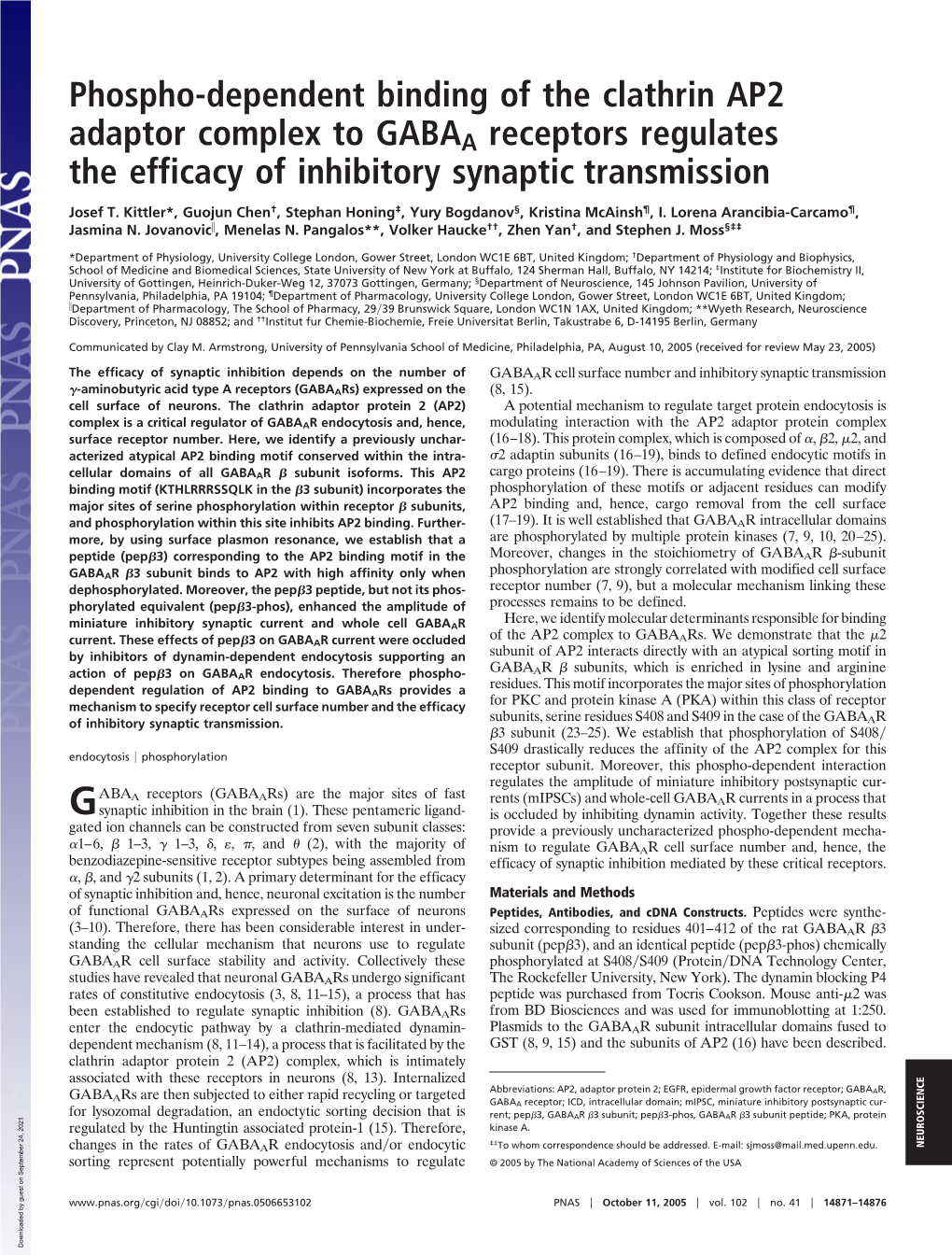 Phospho-Dependent Binding of the Clathrin AP2 Adaptor Complex to GABAA Receptors Regulates the Efficacy of Inhibitory Synaptic Transmission