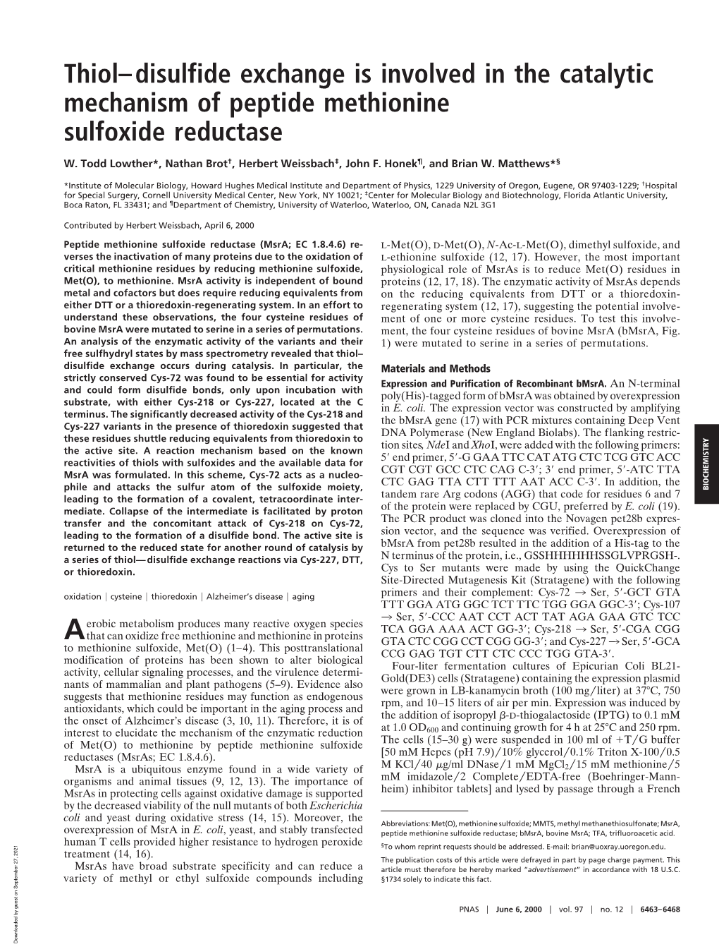 Thiol–Disulfide Exchange Is Involved in the Catalytic Mechanism of Peptide Methionine Sulfoxide Reductase