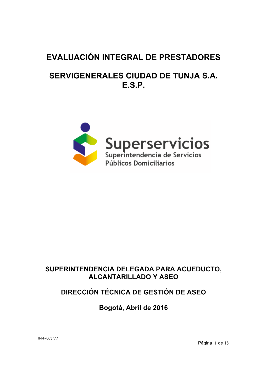 (2015) Evaluación Integral De Prestadores Servigenerales Ciudad De Tunja S.A. E.S.P