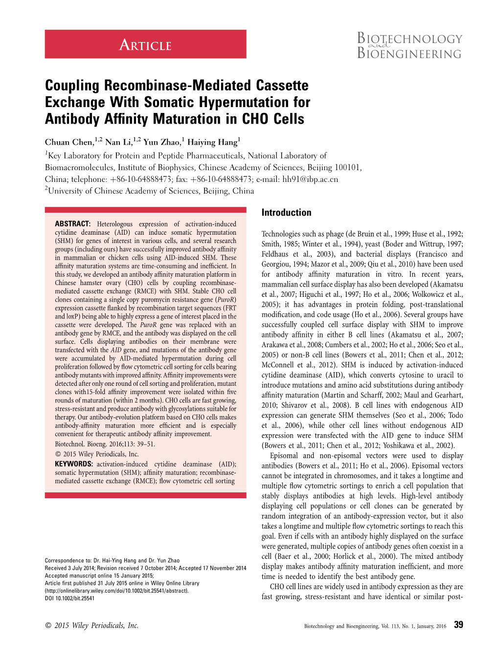 Coupling Recombinase-Mediated Cassette Exchange with Somatic Hypermutation for Antibody Afﬁnity Maturation in CHO Cells