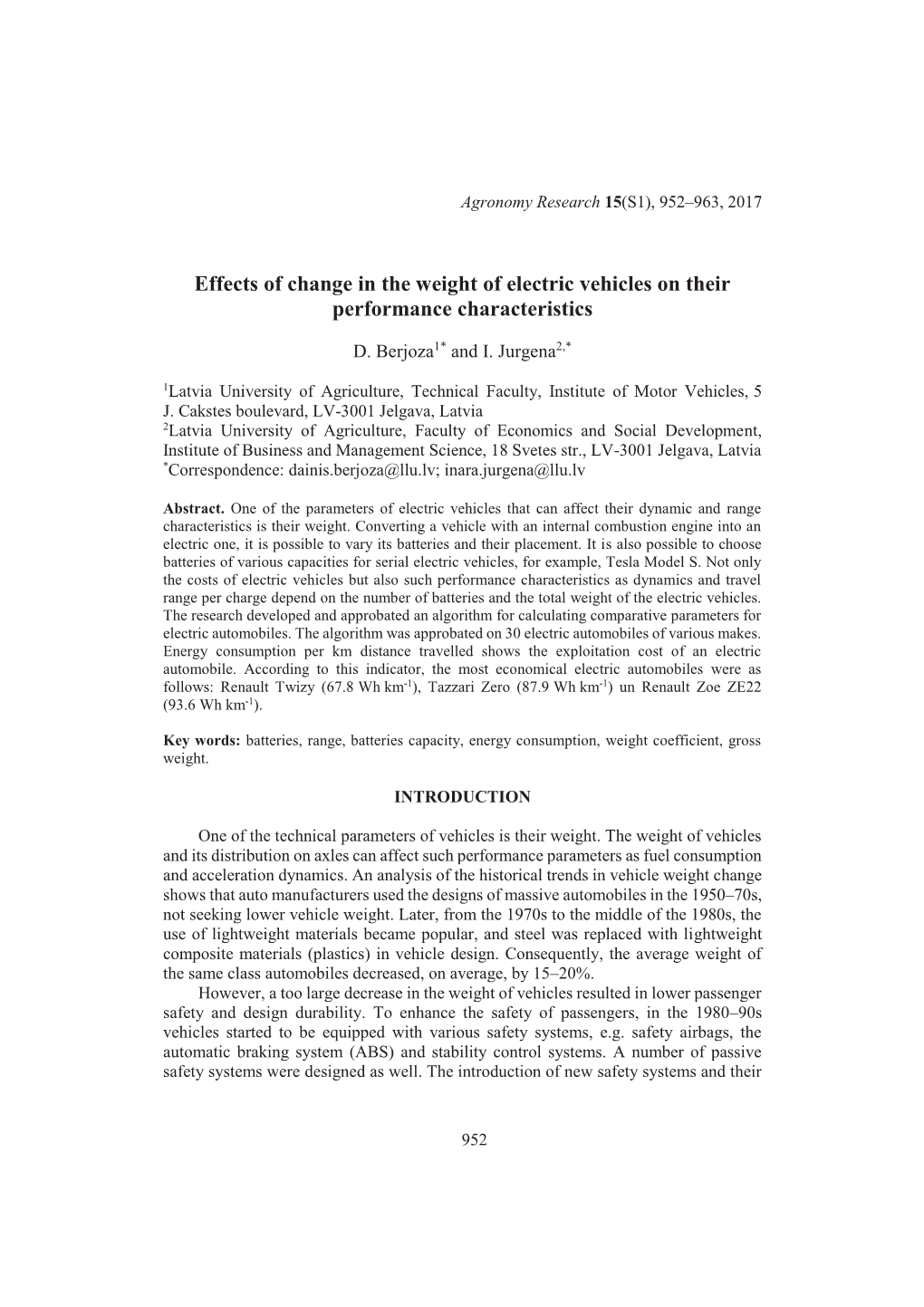 Effects of Change in the Weight of Electric Vehicles on Their Performance Characteristics