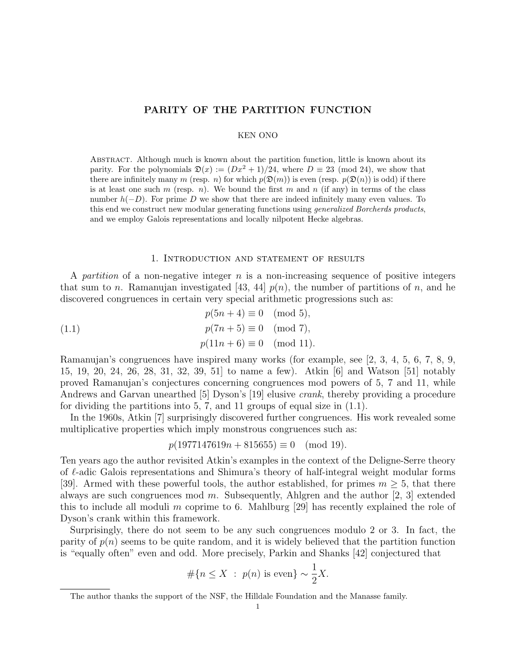 PARITY of the PARTITION FUNCTION 1. Introduction And