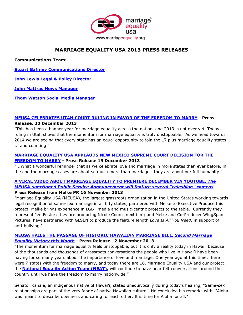 Marriage Equality Usa 2013 Press Releases