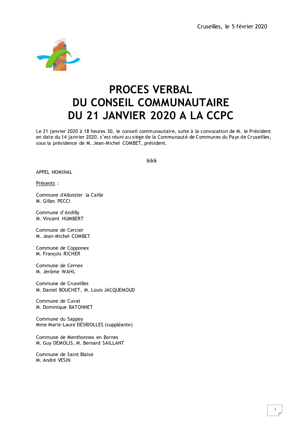 Proces Verbal Du Conseil Communautaire Du 21 Janvier 2020 a La Ccpc