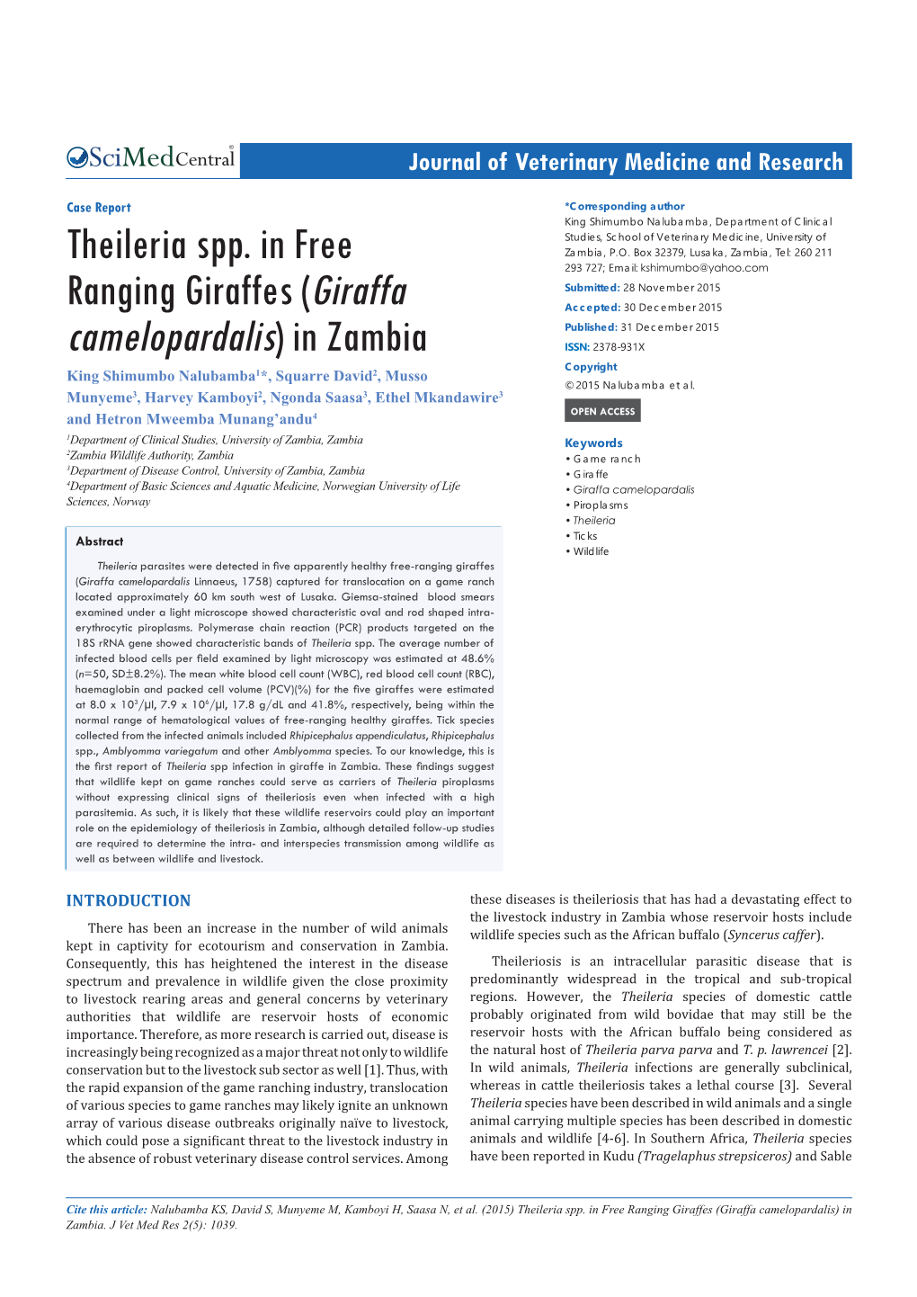 Theileria Spp. in Free Ranging Giraffes (Giraffa Camelopardalis) in Zambia