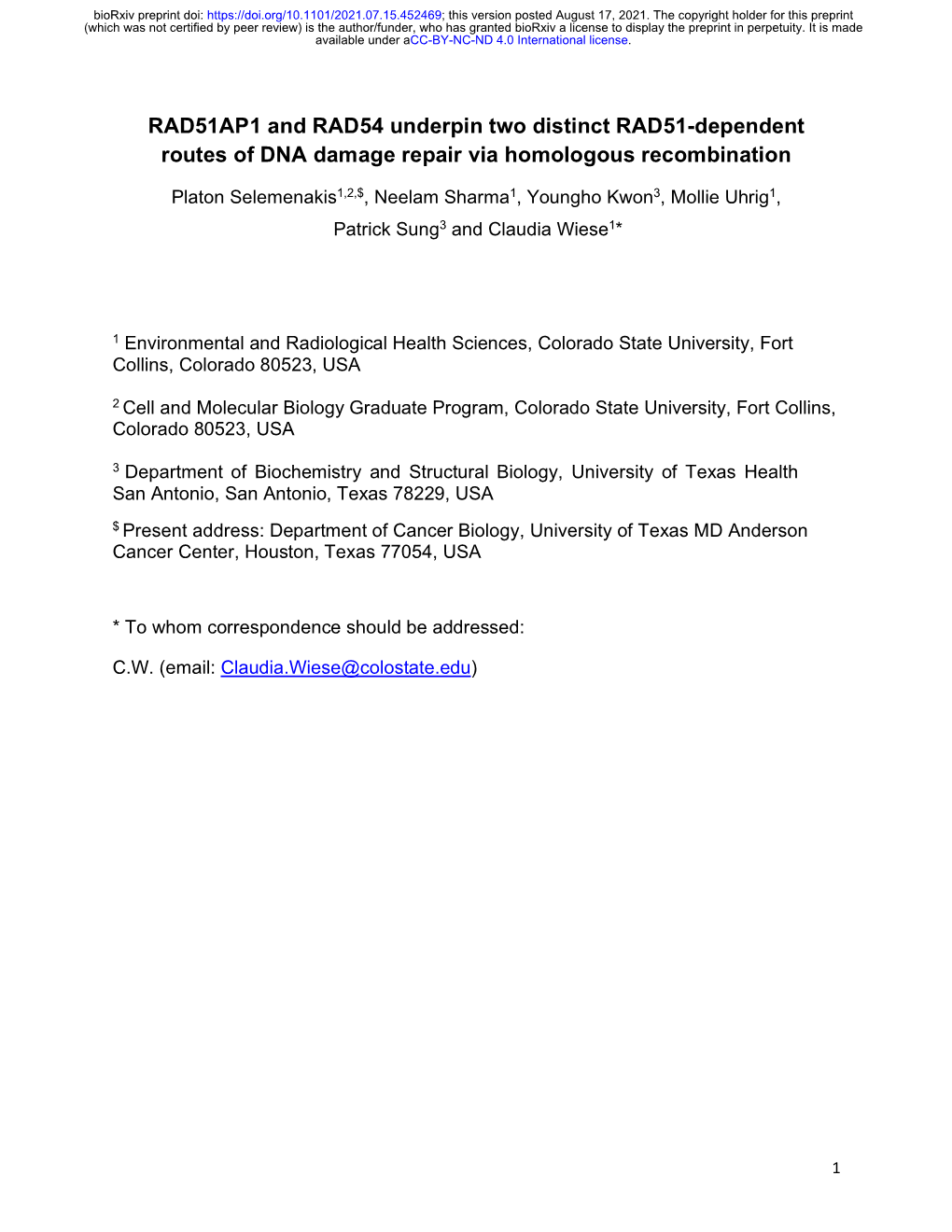 RAD51AP1 and RAD54 Underpin Two Distinct RAD51-Dependent Routes of DNA Damage Repair Via Homologous Recombination