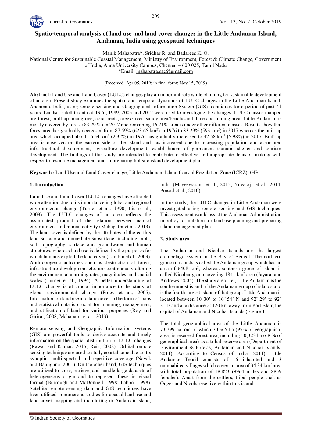 Spatio-Temporal Analysis of Land Use and Land Cover Changes in the Little Andaman Island, Andaman, India Using Geospatial Techniques