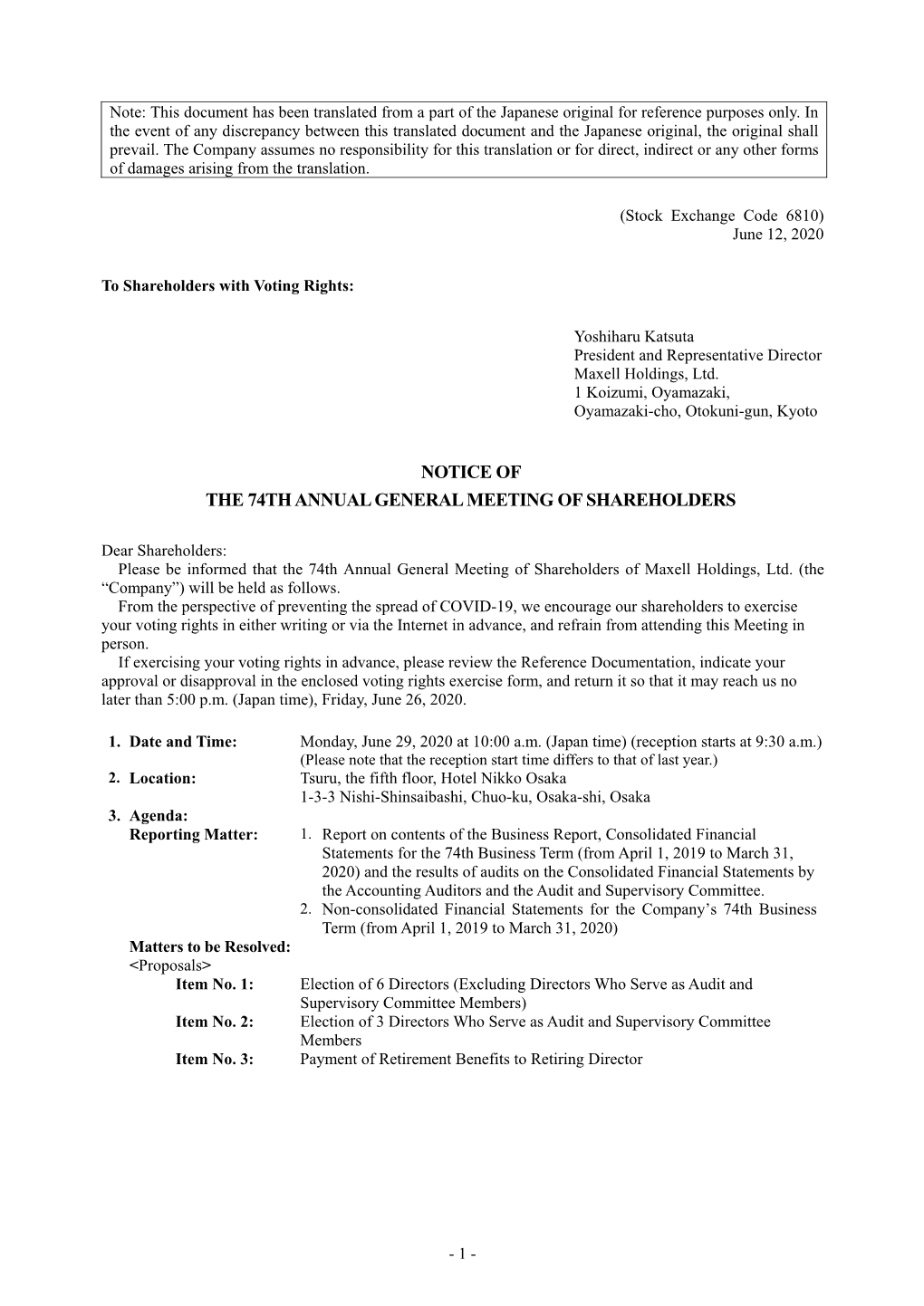 Notice of the 74Th Annual General Meeting of Shareholders