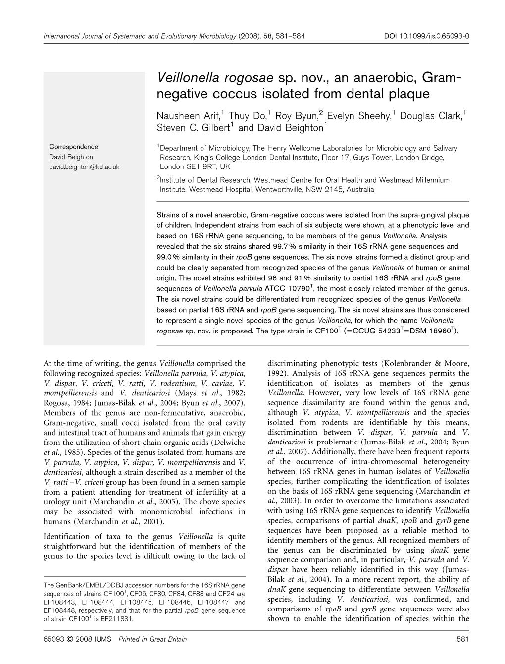 Veillonella Rogosae Sp. Nov., an Anaerobic, Gram- Negative Coccus Isolated from Dental Plaque