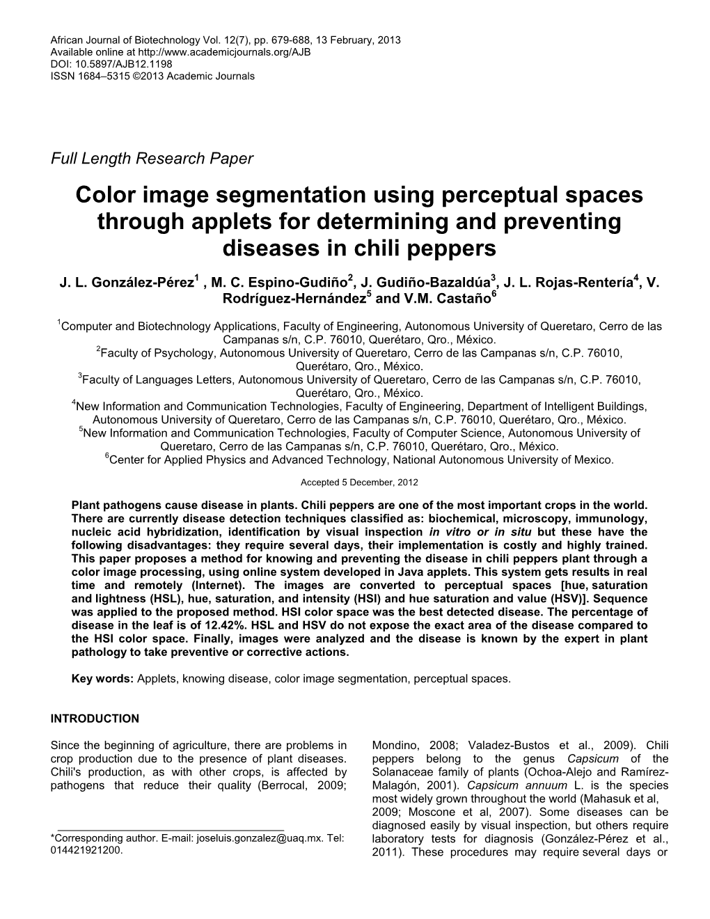 Color Image Segmentation Using Perceptual Spaces Through Applets for Determining and Preventing Diseases in Chili Peppers