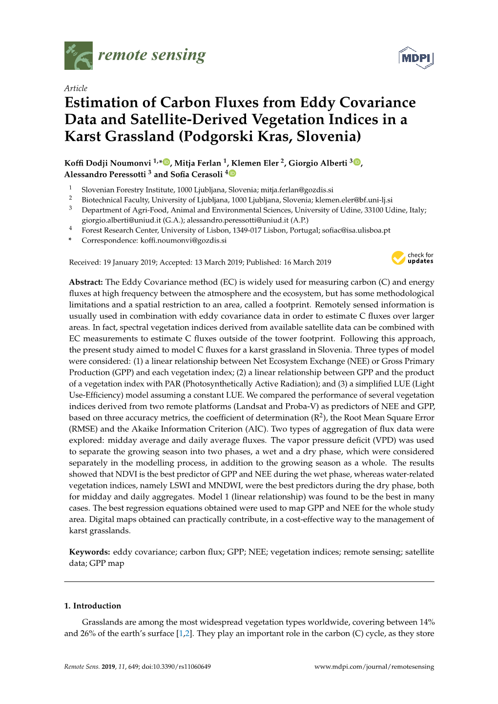 Estimation of Carbon Fluxes from Eddy Covariance Data and Satellite-Derived Vegetation Indices in a Karst Grassland (Podgorski Kras, Slovenia)