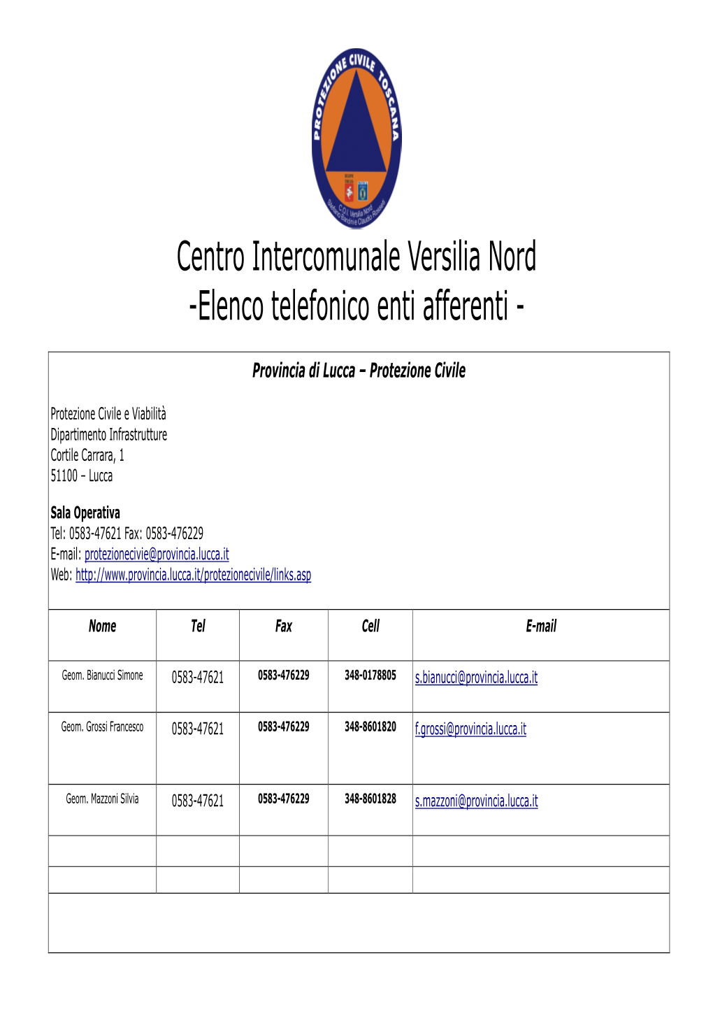 Centro Intercomunale Versilia Nord -Elenco Telefonico Enti Afferenti