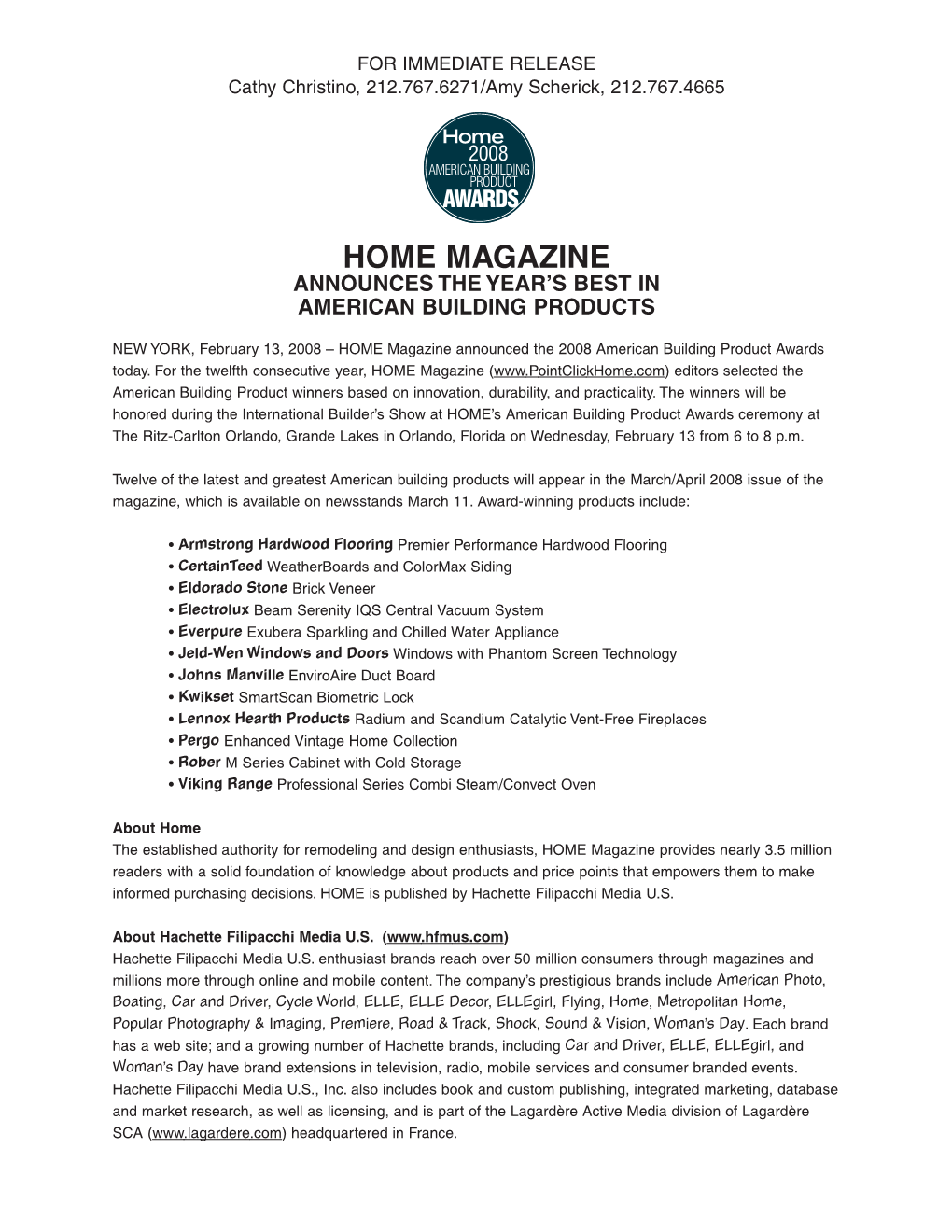Home Magazine Announces the Year’S Best in American Building Products