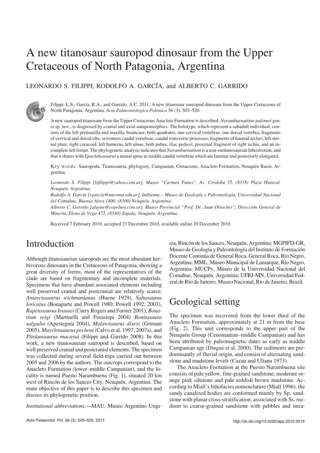 A New Titanosaur Sauropod Dinosaur from the Upper Cretaceous of North Patagonia, Argentina