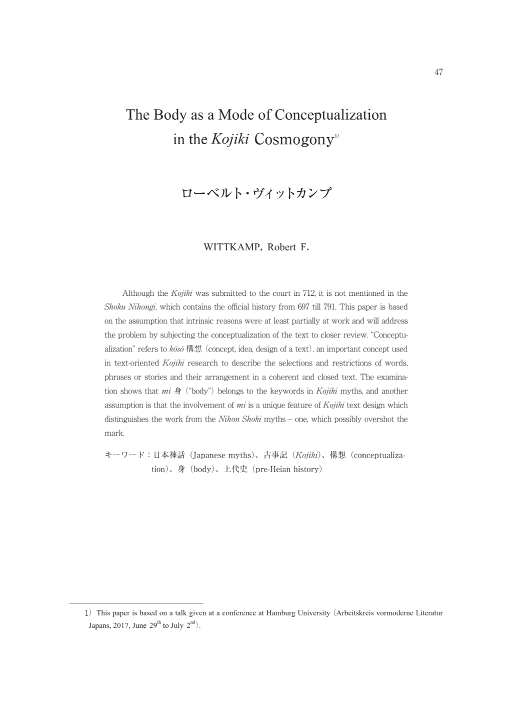 The Body As a Mode of Conceptualization in the Kojiki Cosmogony1）