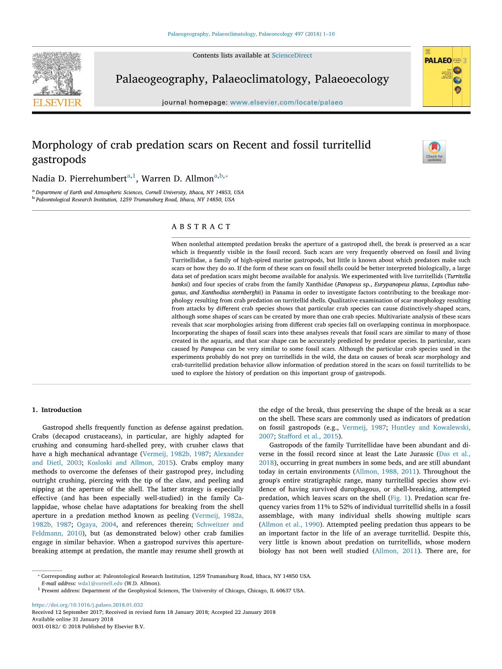 Morphology of Crab Predation Scars on Recent and Fossil Turritellid T Gastropods ⁎ Nadia D