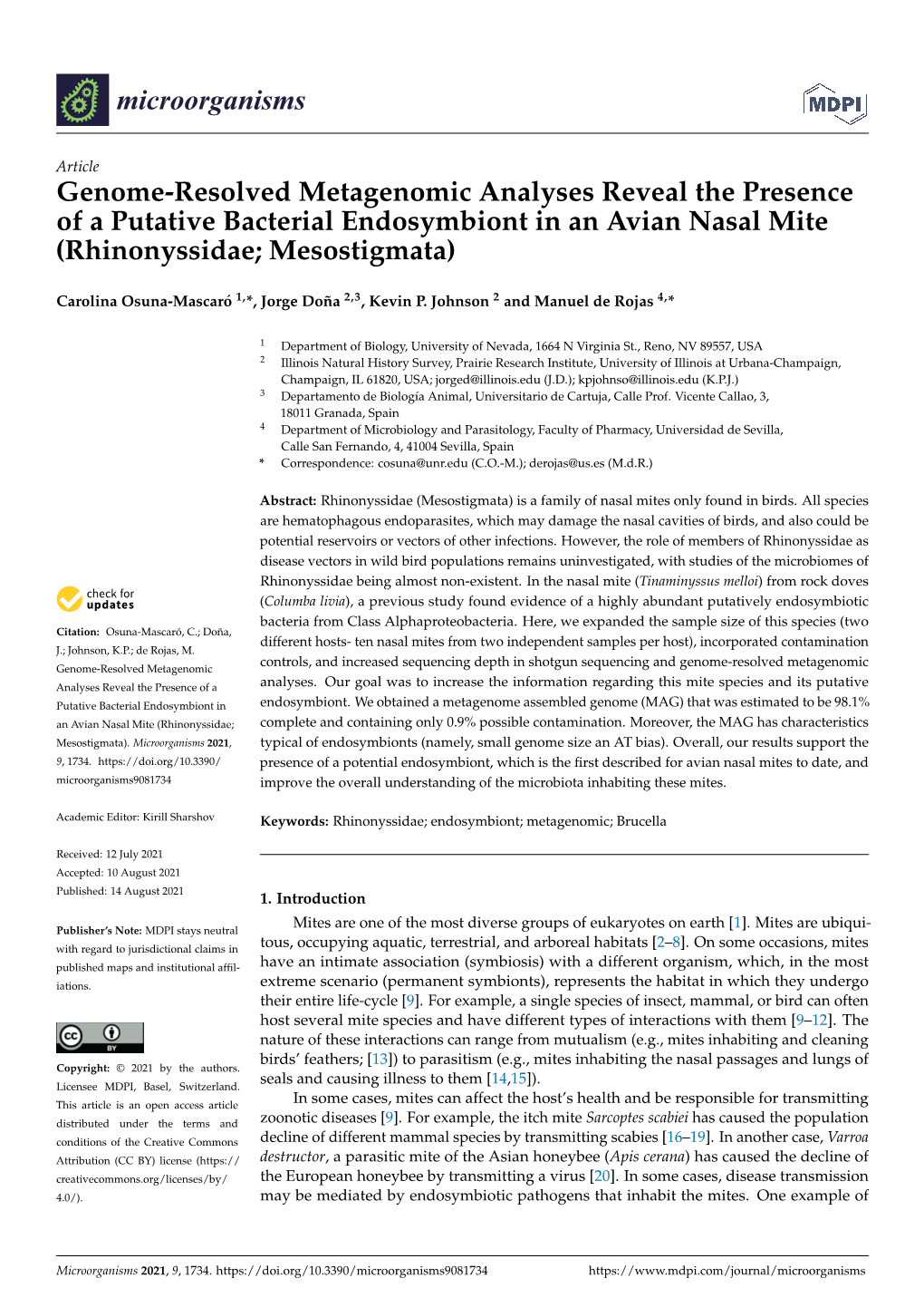 Genome-Resolved Metagenomic Analyses Reveal the Presence of a Putative Bacterial Endosymbiont in an Avian Nasal Mite (Rhinonyssidae; Mesostigmata)