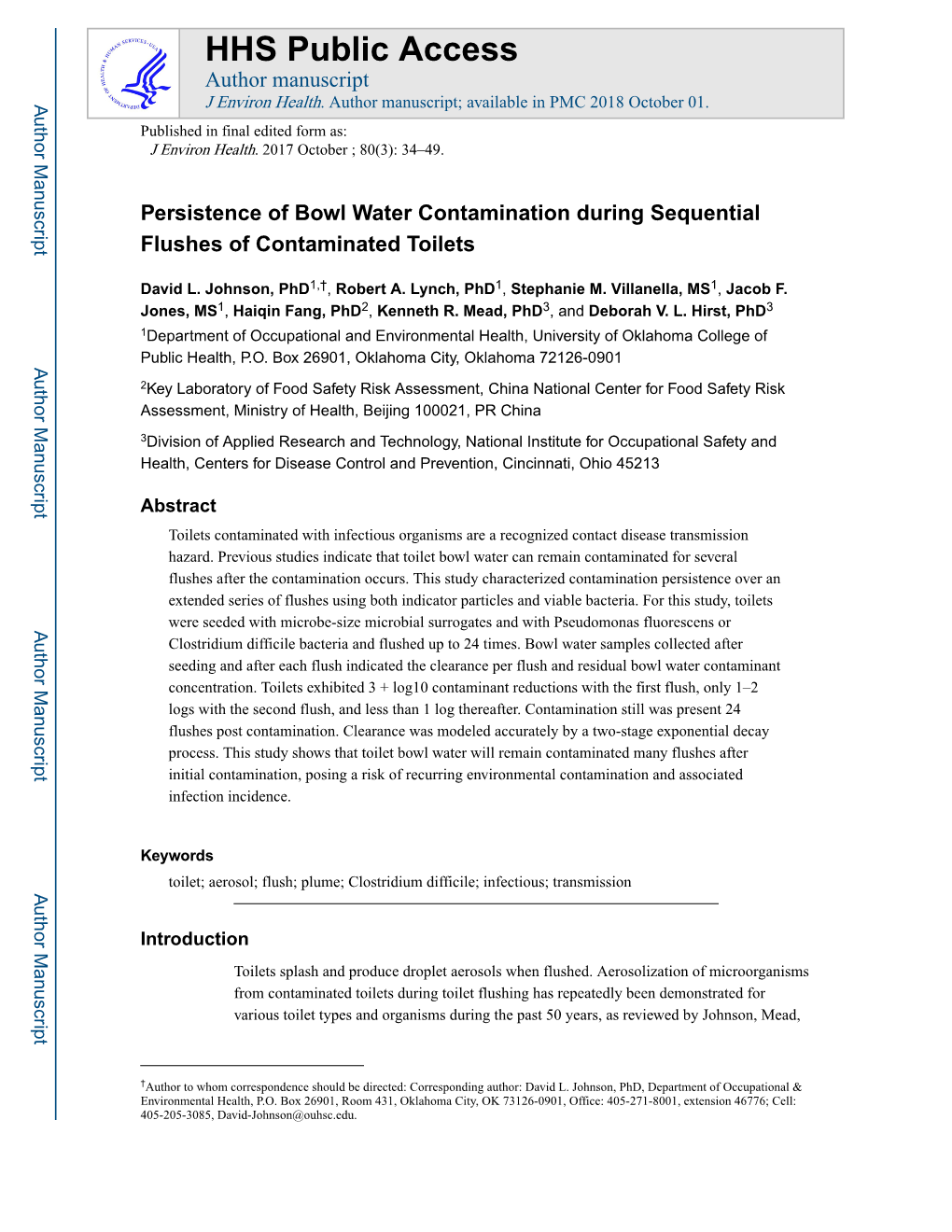 Persistence of Bowl Water Contamination During Sequential Flushes of Contaminated Toilets