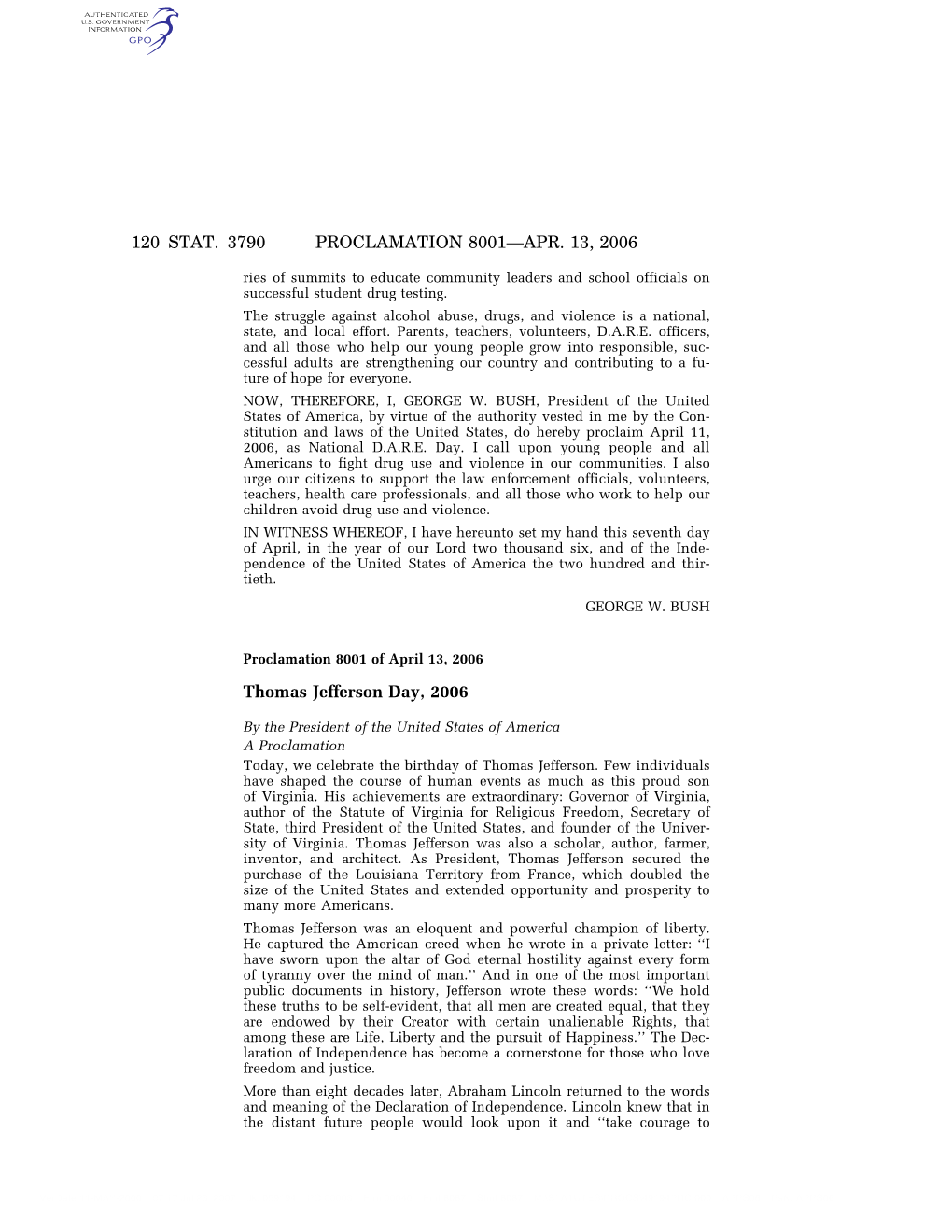 120 Stat. 3790 Proclamation 8001—Apr. 13, 2006