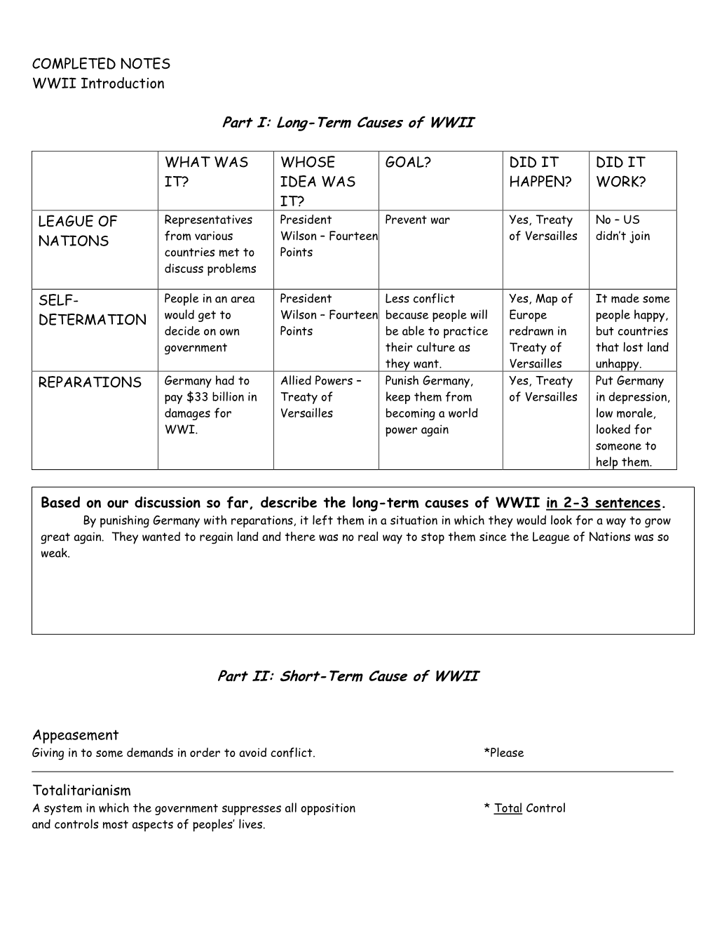 COMPLETED NOTES WWII Introduction Part I: Long-Term Causes of WWII WHAT WAS IT? WHOSE IDEA WAS IT? GOAL? DID IT HAPPEN? DID IT