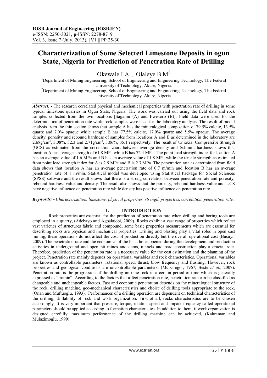 Characterization of Some Selected Limestone Deposits in Ogun State, Nigeria for Prediction of Penetration Rate of Drilling