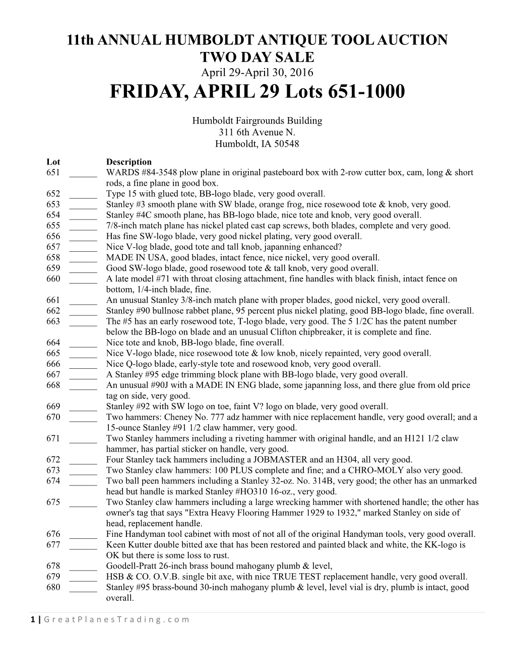 FRIDAY, APRIL 29 Lots 651-1000