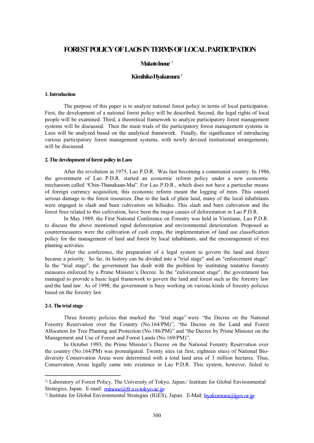 Forest Policy of Laos in Terms of Local Participation