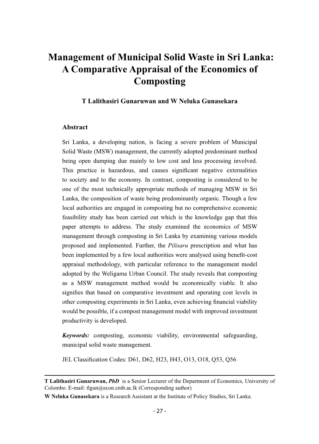 Management of Municipal Solid Waste in Sri Lanka: a Comparative Appraisal of the Economics of Composting