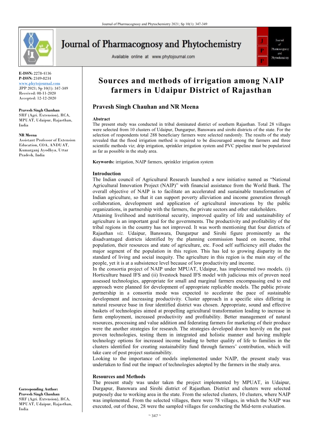 Sources and Methods of Irrigation Among NAIP Farmers in Udaipur