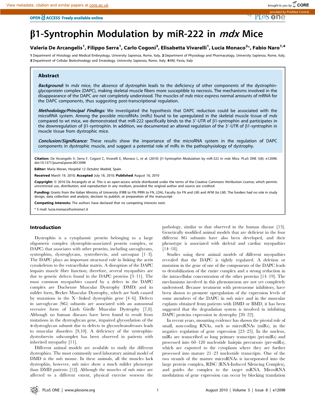 B1-Syntrophin Modulation by Mir-222 in Mdx Mice